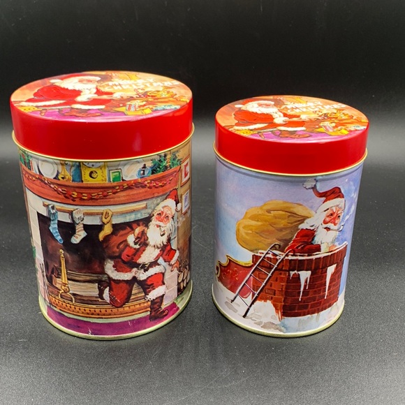 Vintage Two 80s Santa Airtight Round Metal Cookie Candy Food Containers - Picture 1 of 14